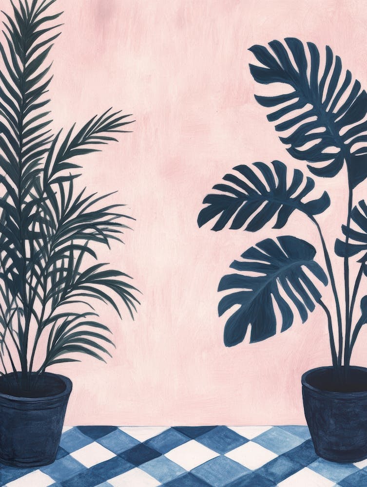 Two Plants On A Pink Checkered Floor