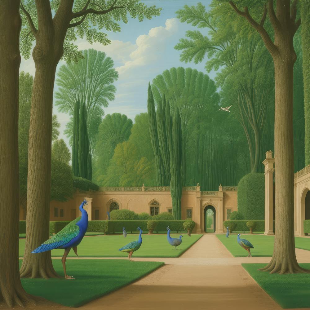 Peacocks in a Renaissance Garden Series. In Style of David Hockney 9