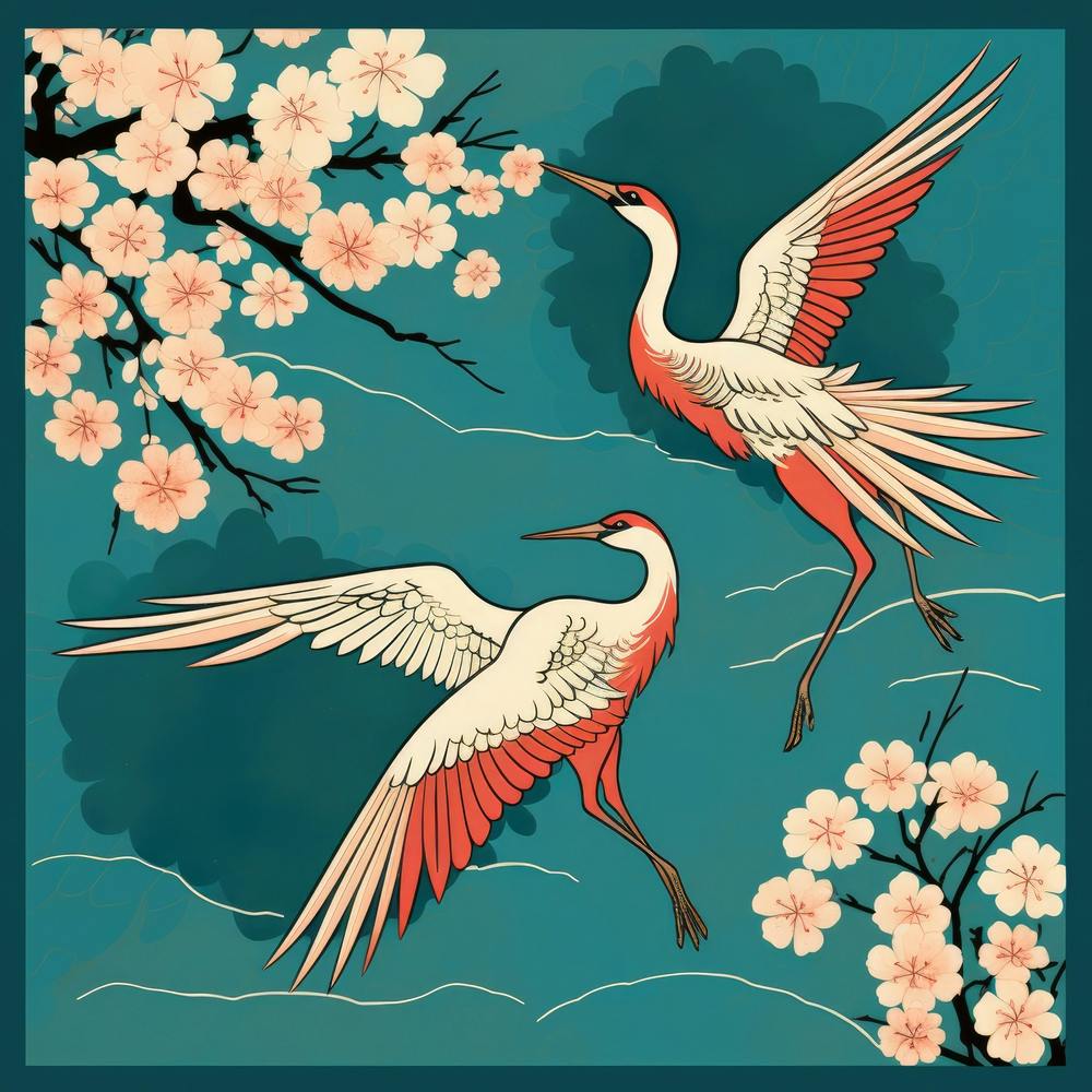 Cranes Flying Over Cherry Blossoms