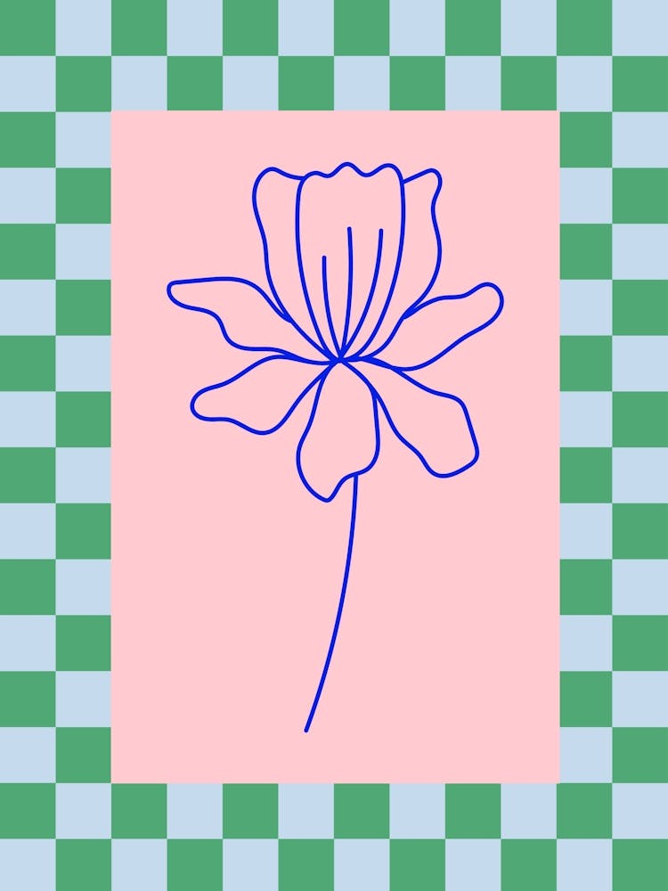 Modern Checkered Flower Poster Blue & Pink 9