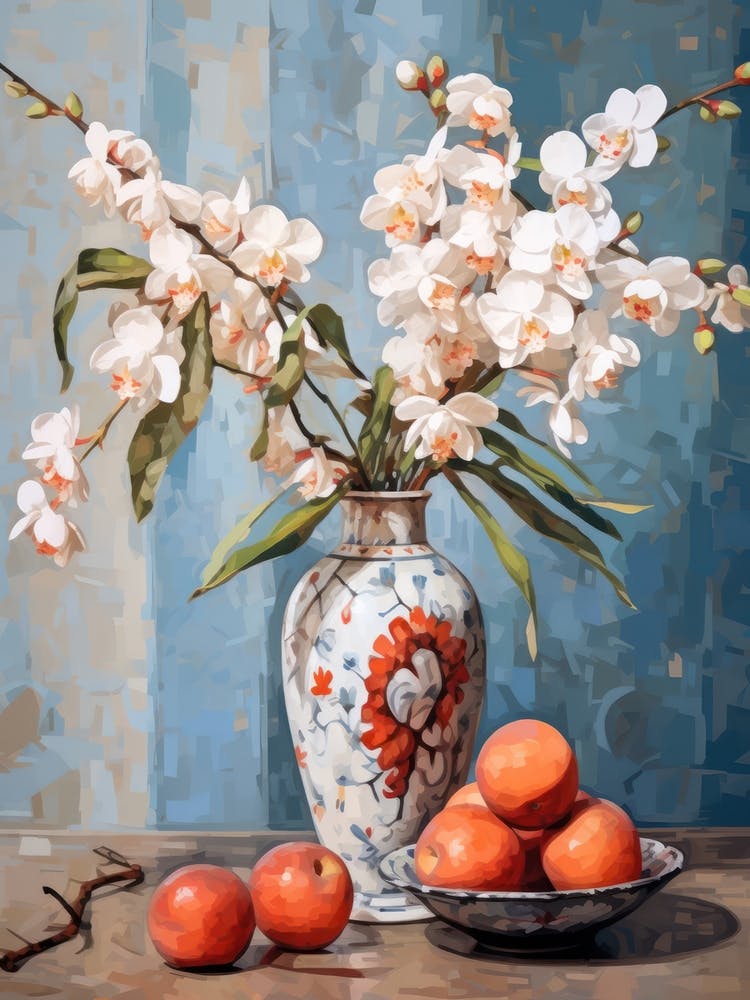 Peacock Orchid Flower And Peaches Still Life Painting 4 Dreamy