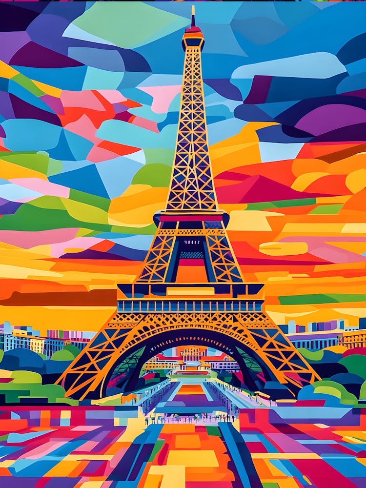 Paris Eiffel Tower Wall Art Vibrant Abstract Cityscape In Modern Pop Art Style