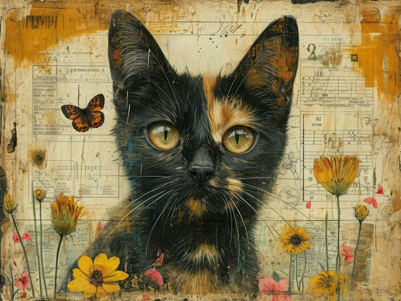 The Rebuff: Ornate Illusion in Contemporary Collage. Cat With Butterflies