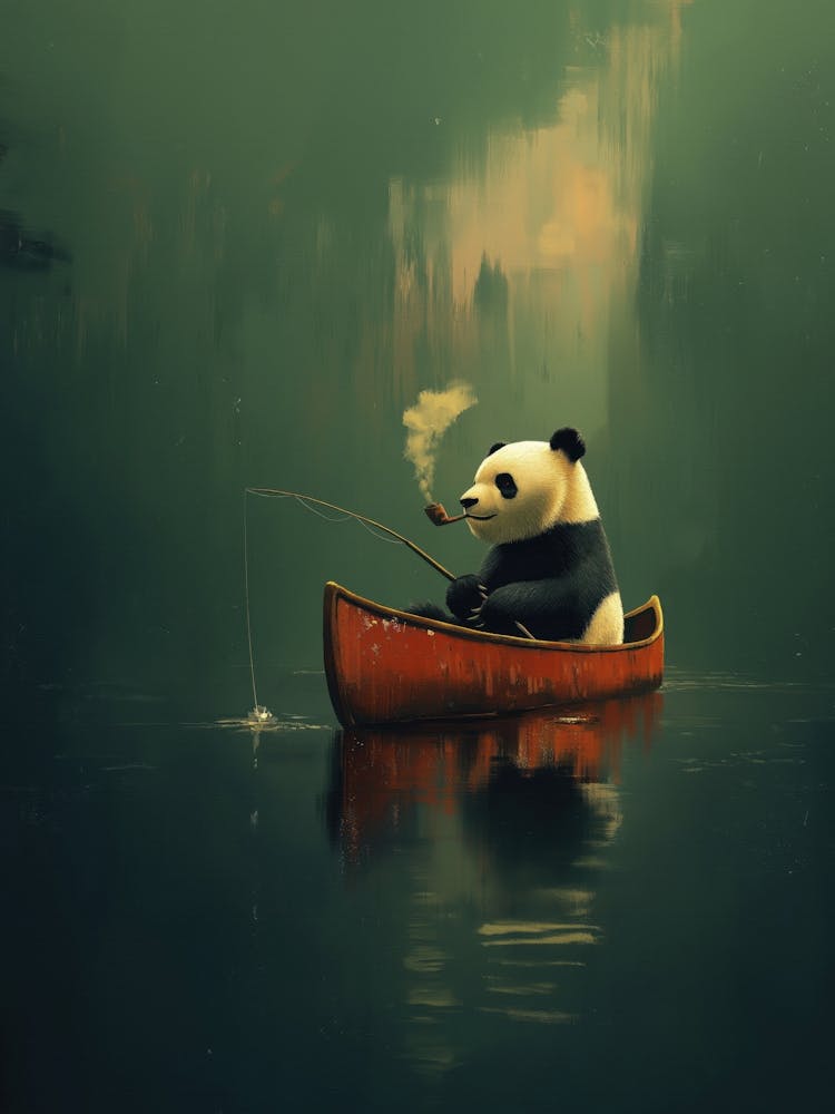 Panda Fishing in Red Canoe Retro Wall Art