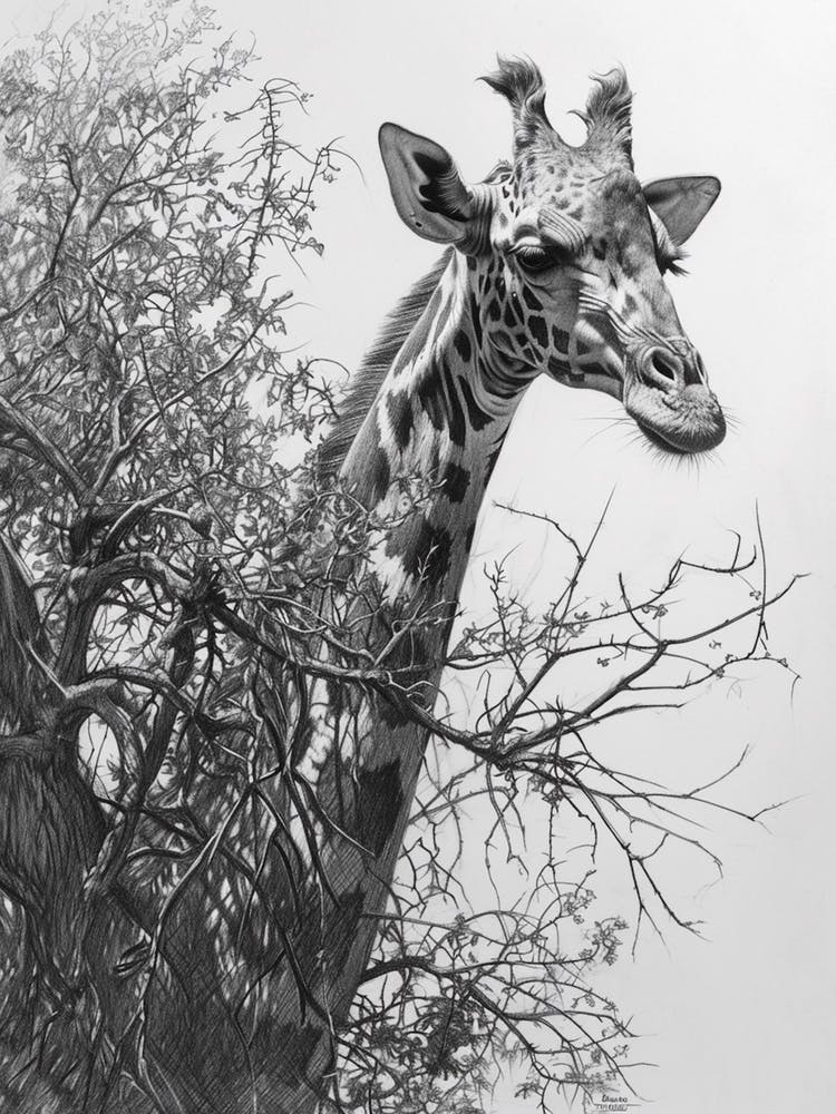Giraffe With Their Head In The Branches Pencil Drawing 1