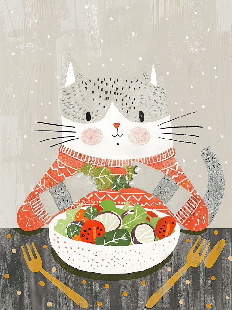 Grey Cat Eating Salad Folk Illustration 1