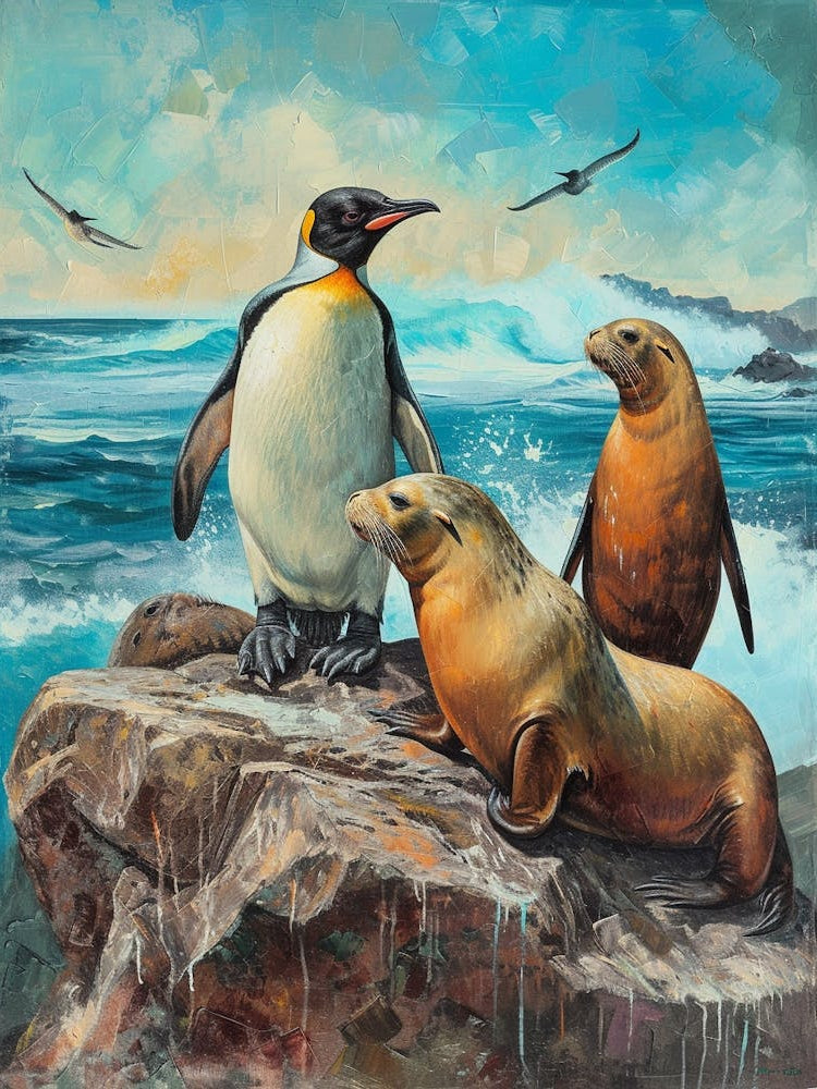 Galapagos Penguin Sea Lion Island Colour Block Painting 5