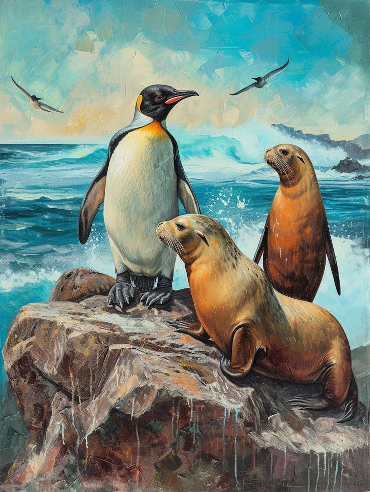 Galapagos Penguin Sea Lion Island Colour Block Painting 5
