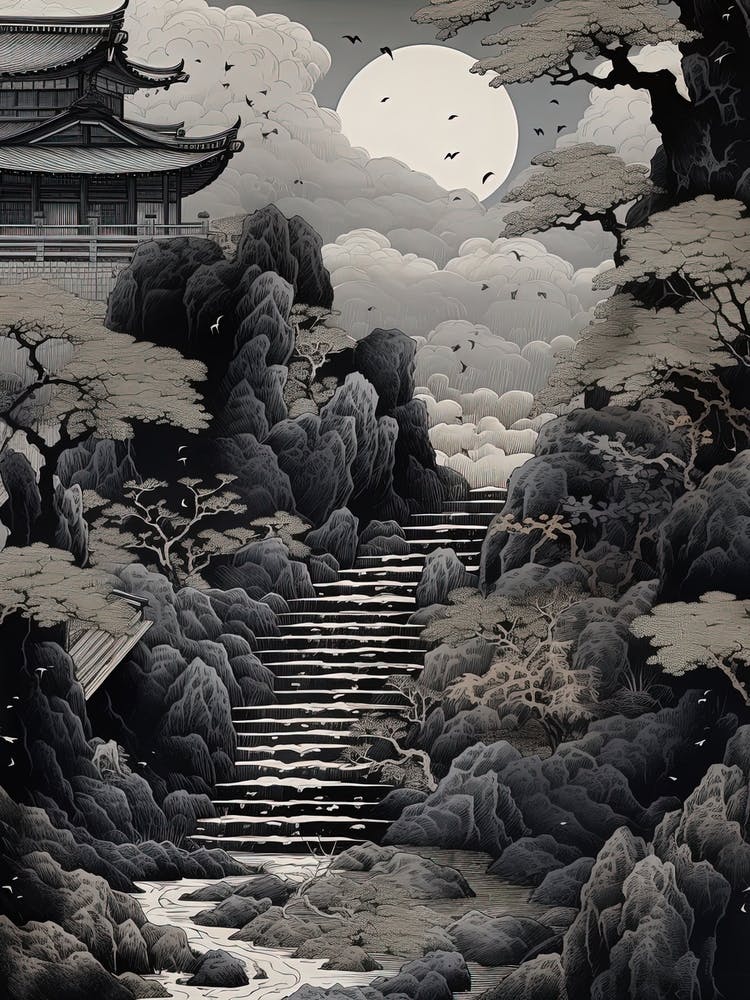 Hachijo Jima In Tokyo, Ukiyo E Black And White Line Art Drawing 4