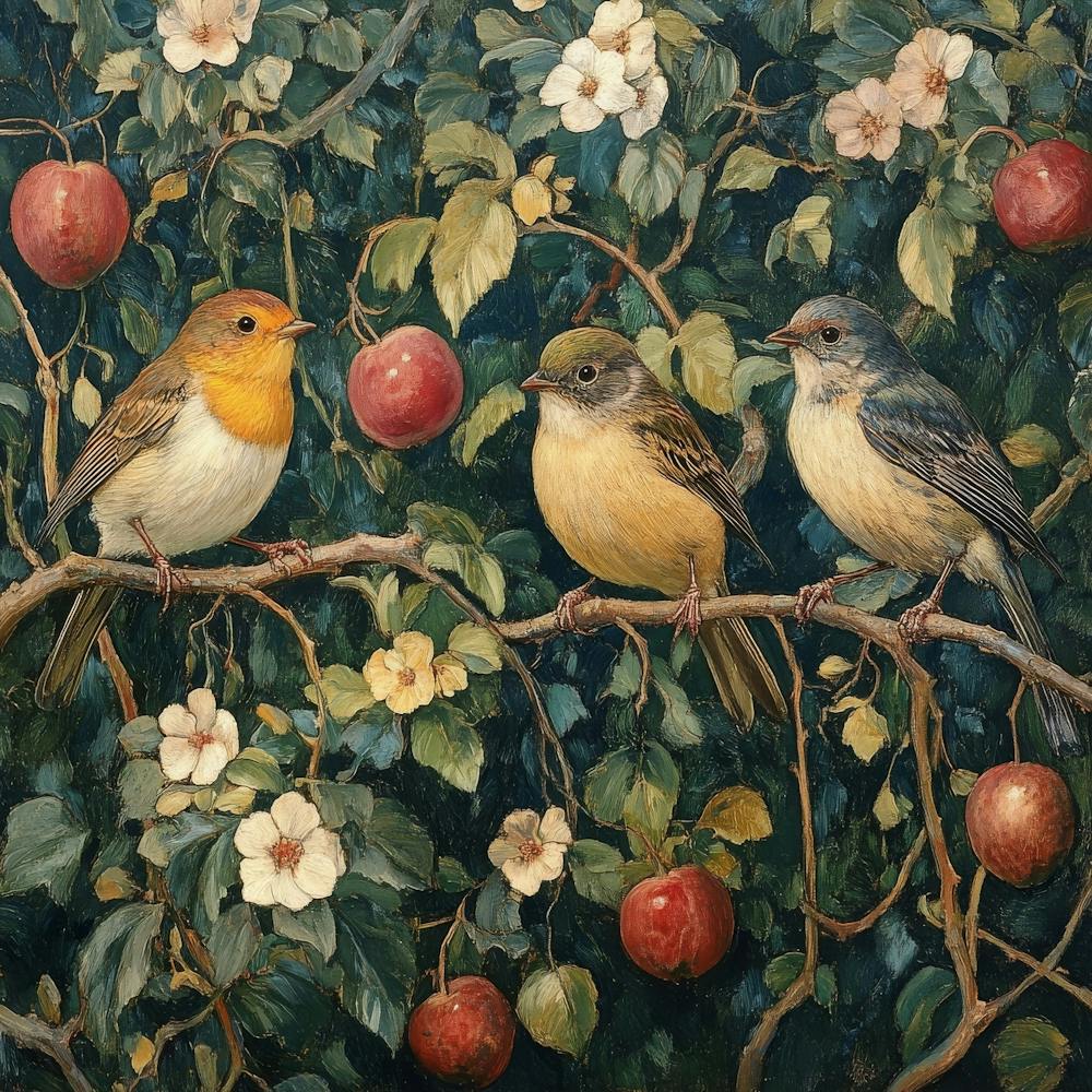 Three Birds In An Apple Tree Art 1