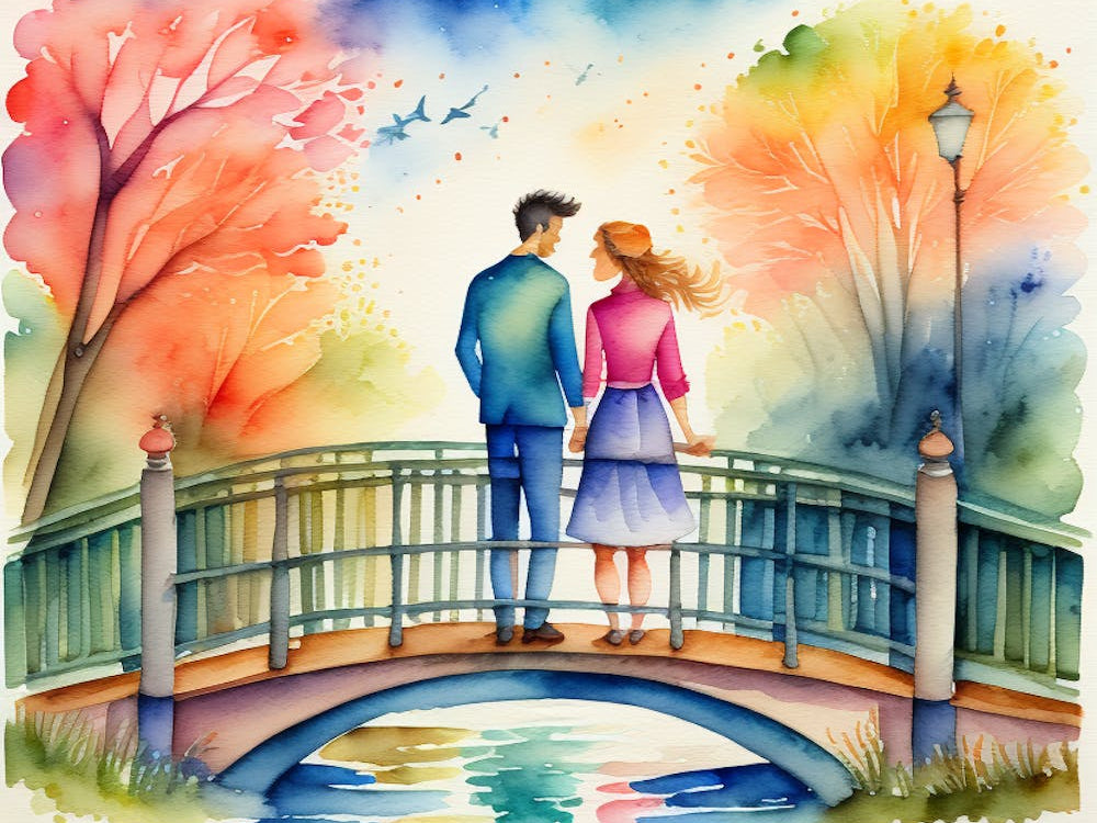 Watercolor Couple On A Bridge 1