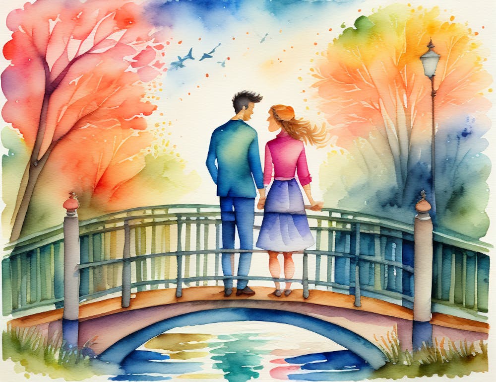 Watercolor Couple On A Bridge 1