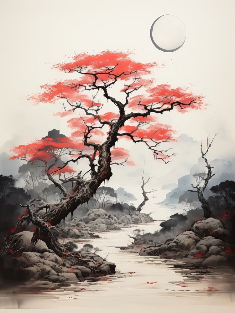 Aso Caldera In Kumamoto, Japanese Brush Painting, Ukiyo E, Minimal 3