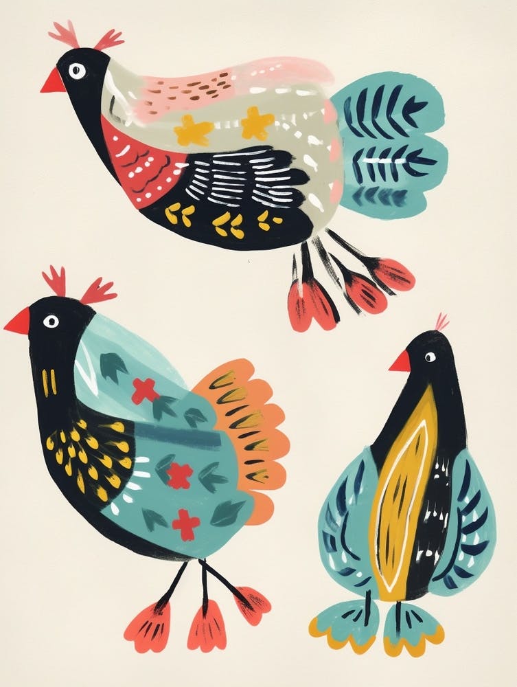 Peinture d'Oiseau de style Folk Poulet 1