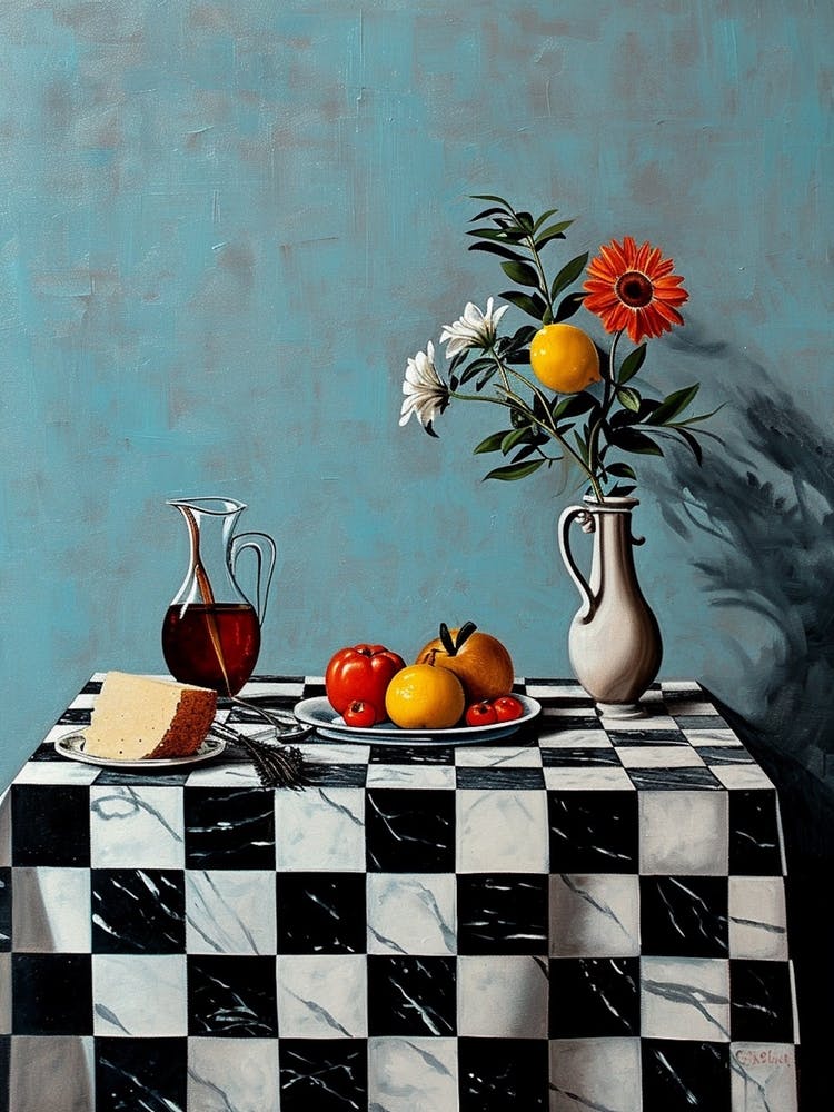 Checkerboard Of Cheese Wine Fruit & Flowers