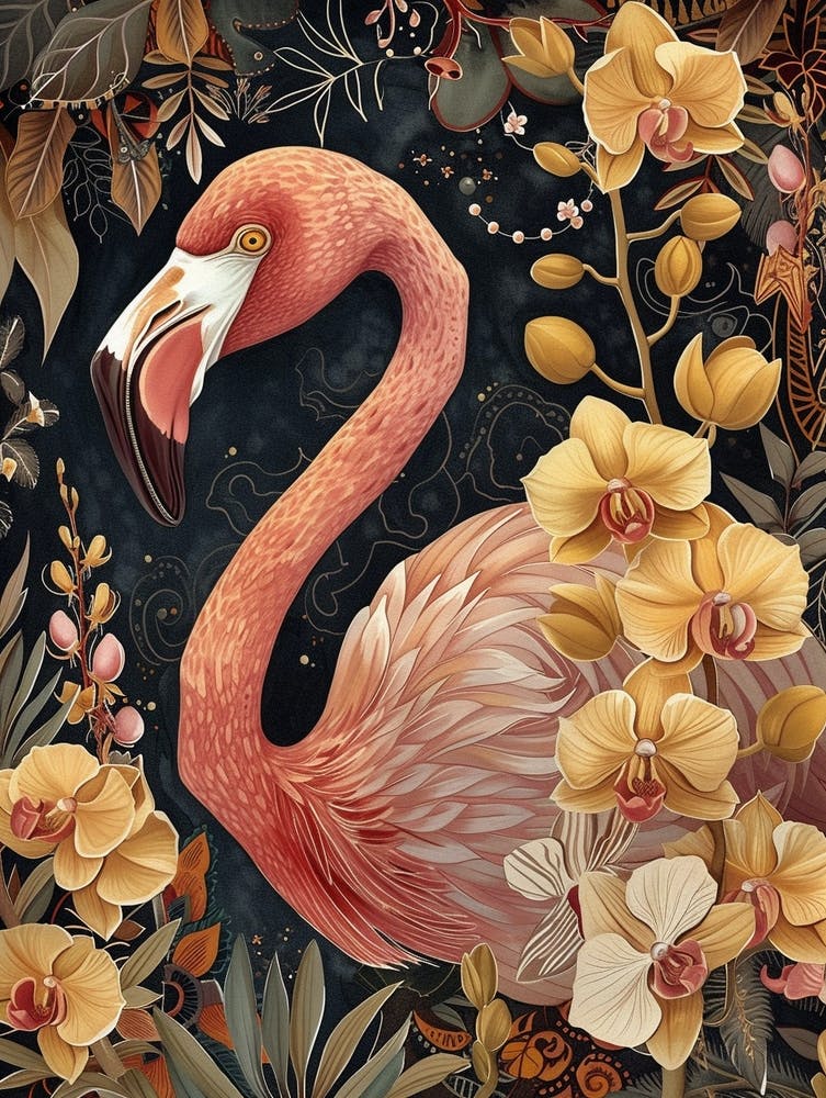 Greater Flamingo And Orchids Boho Print 3
