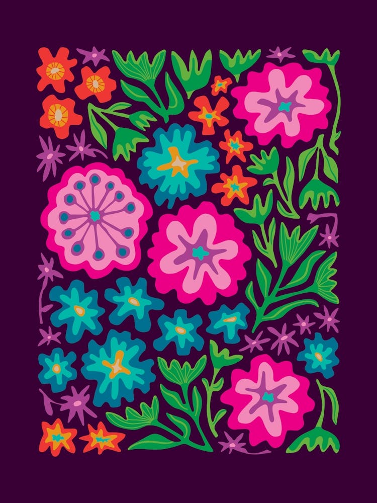 SAYULITA 70s Mexican-Inspired Tropical Floral Botanical in Bright Rainbow Colours on Deep Purple