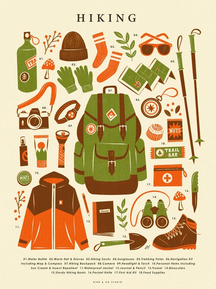 Retro Hiking Kit in Green, Red and Cream | Vintage Walking Poster | Adventure and Outdoor Nostalgic Graphic Illustration 1