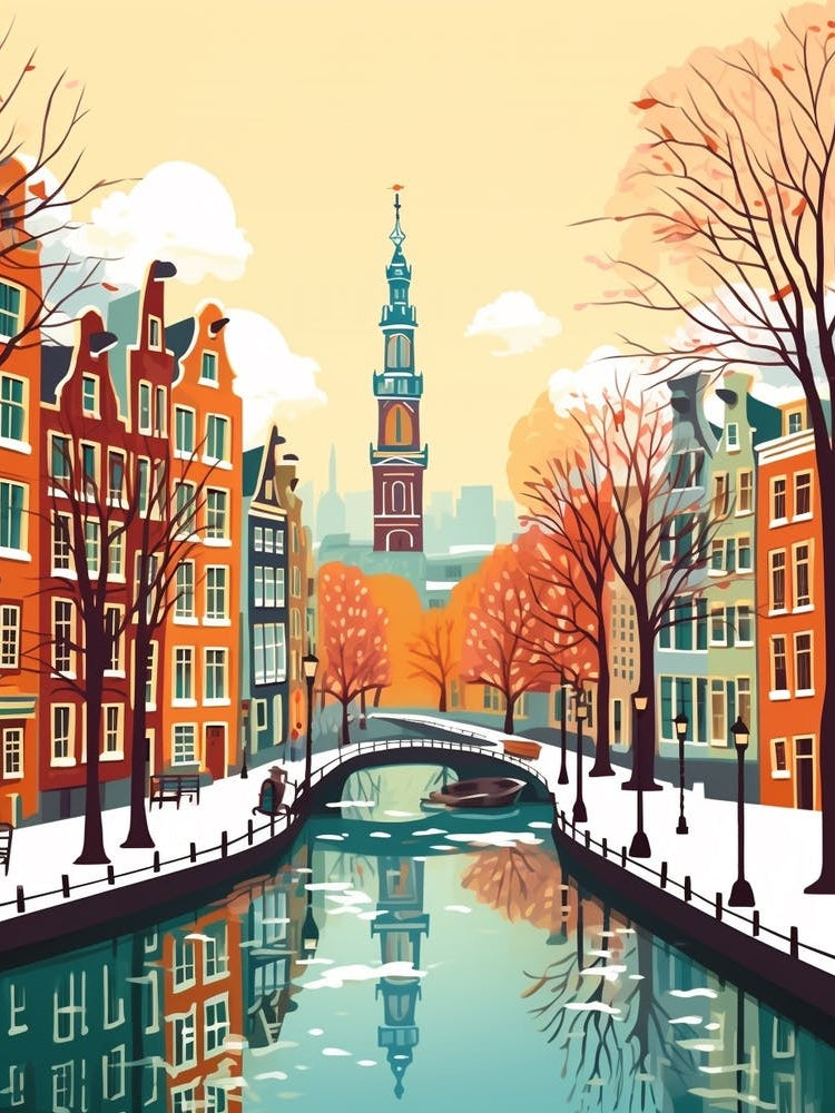 Vintage Winter Travel Illustration Amsterdam Netherlands 3