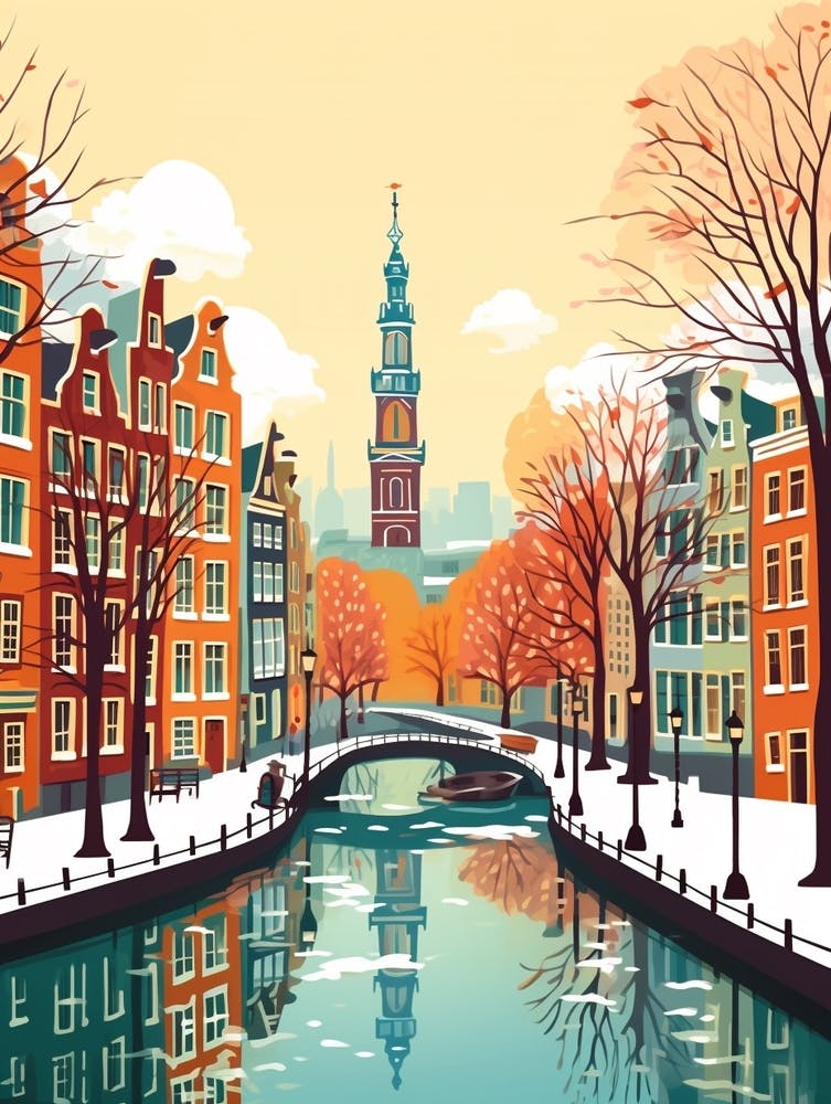 Vintage Winter Travel Illustration Amsterdam Netherlands 3