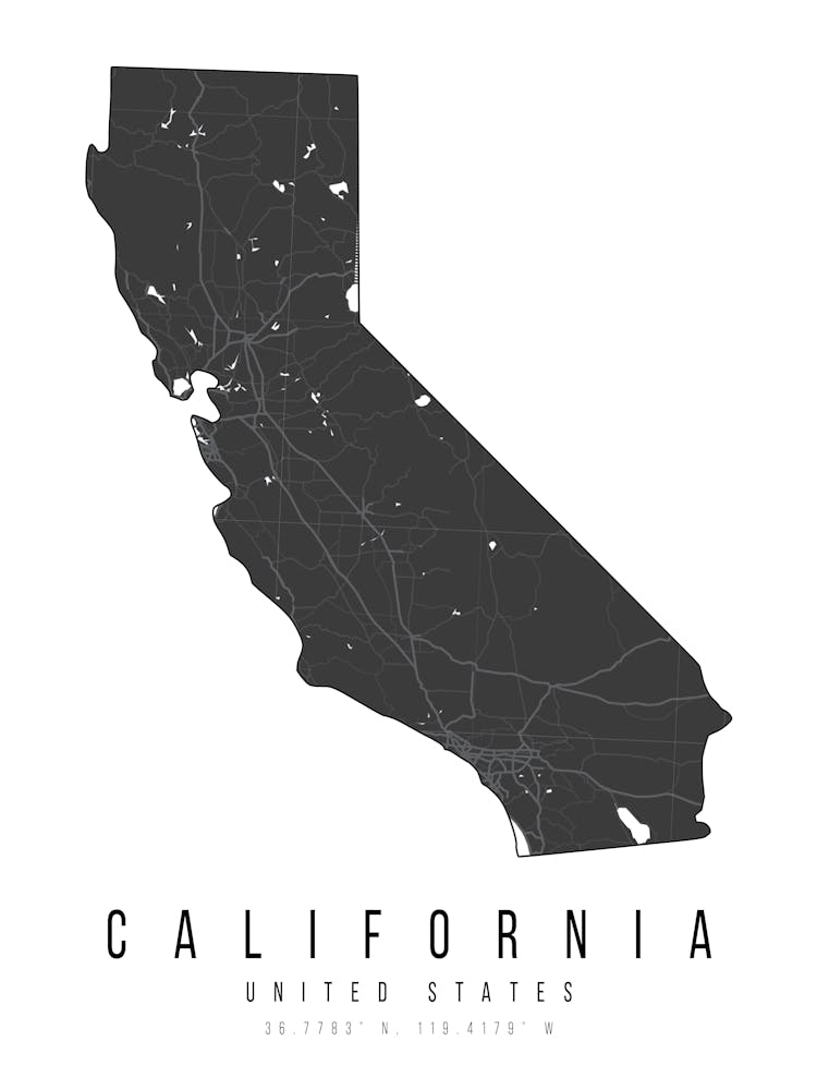 California Mono Black And White Modern Minimal Street Map