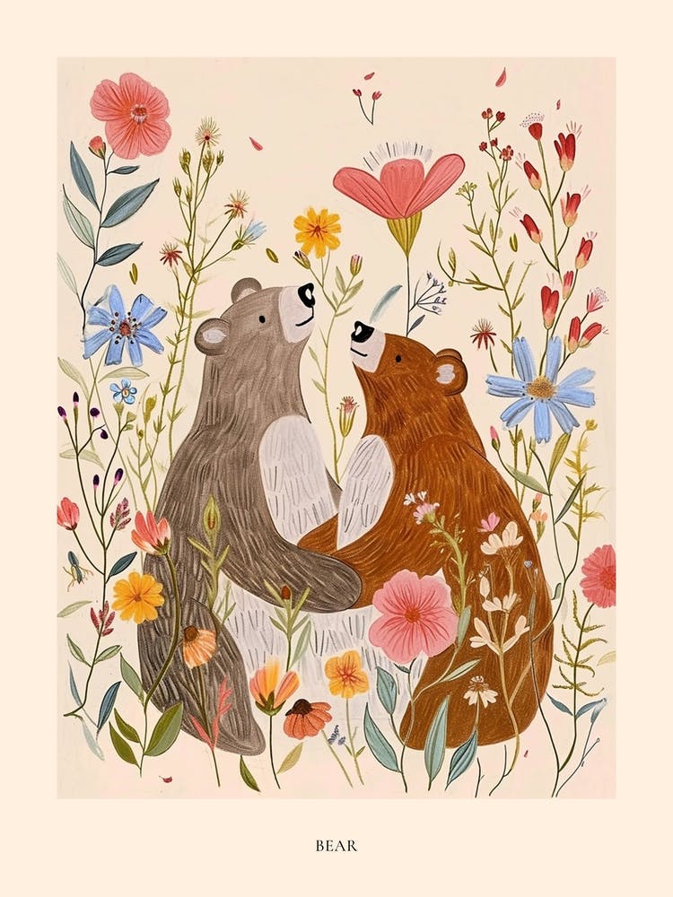 Folksy Floral Animal Drawing Bear 8 Poster