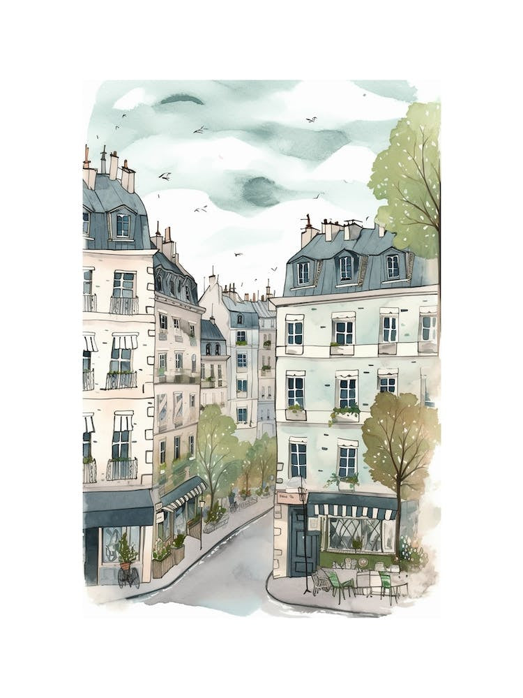 Paris France Cafe Scene Illustration Sage Blue Watercolour 3