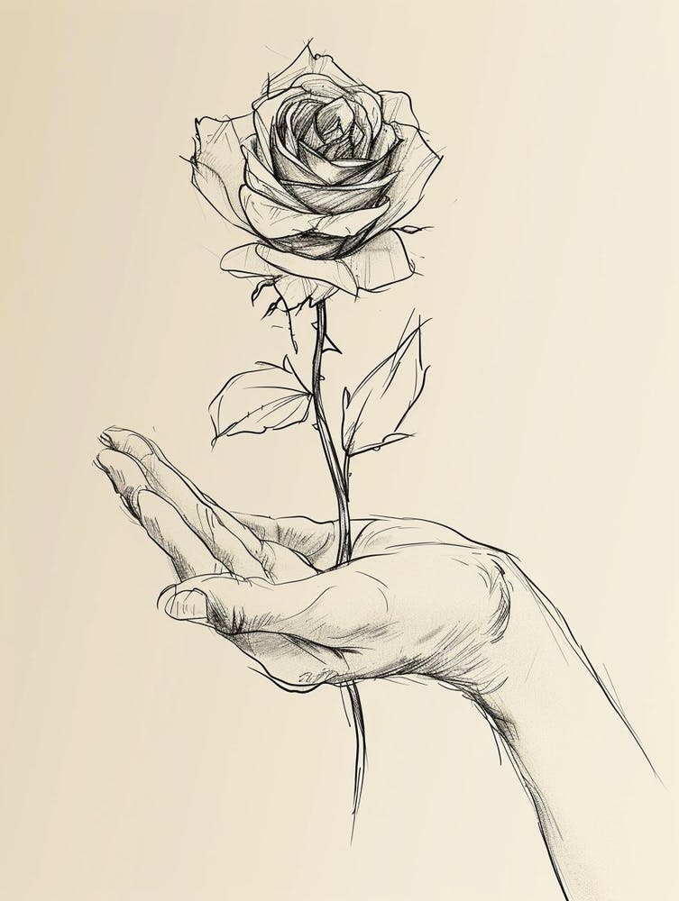 English Rose In Hand Line Drawing 2