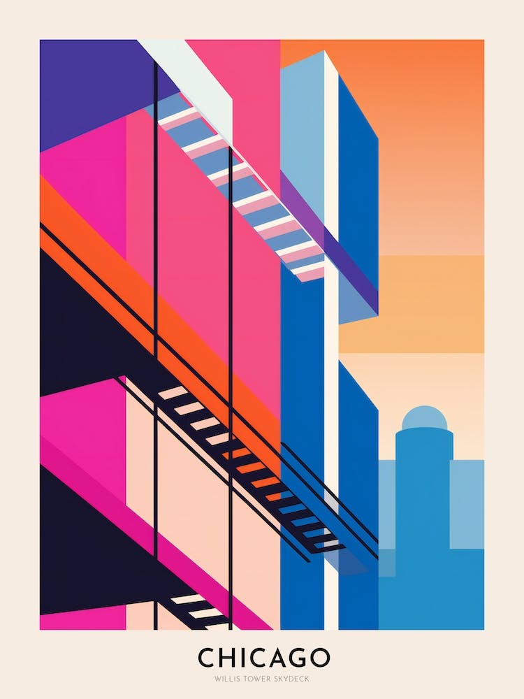 Willis Tower Skydeck 2 Chicago Colourful Travel Poster
