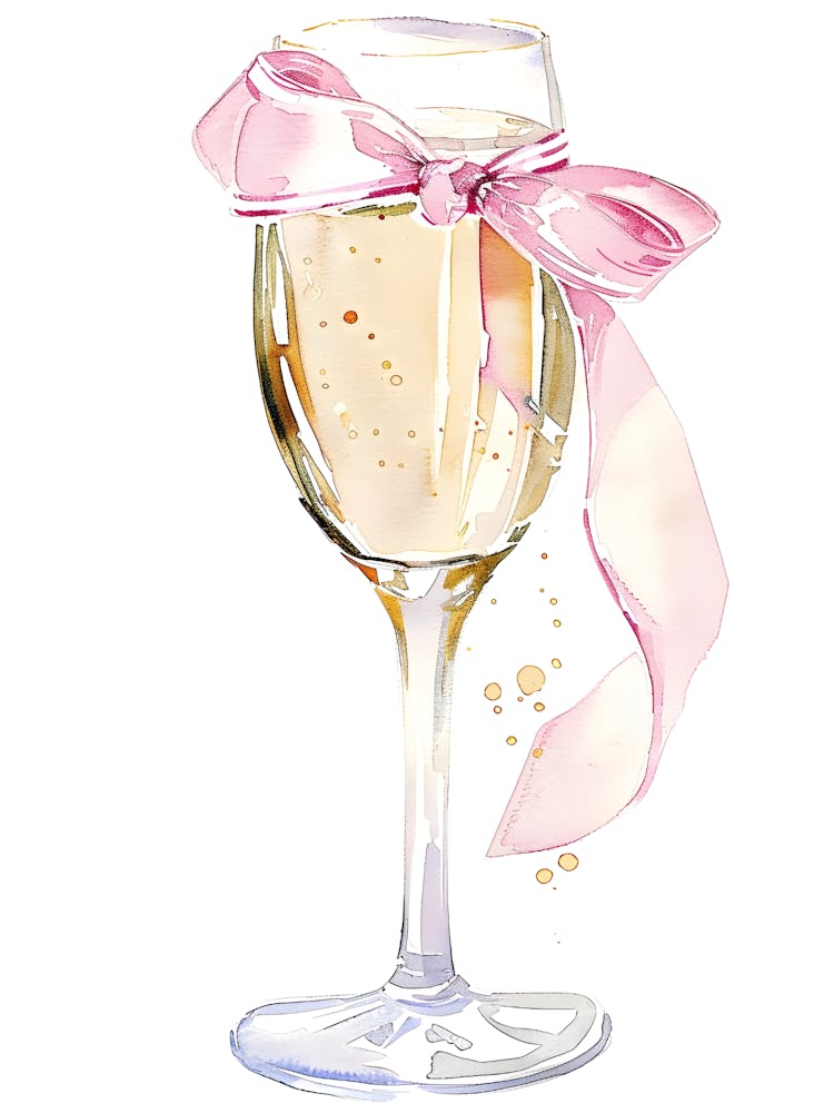 Watercolor Wine Glass With Pink Ribbon