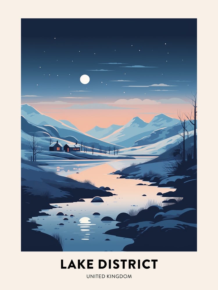Winter Night  Travel Poster Lake District United Kingdom 2