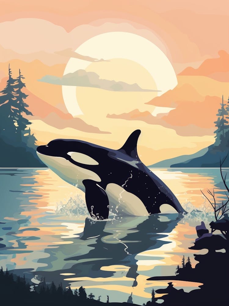 Orca Whale Sun & Trees Retro Geometric