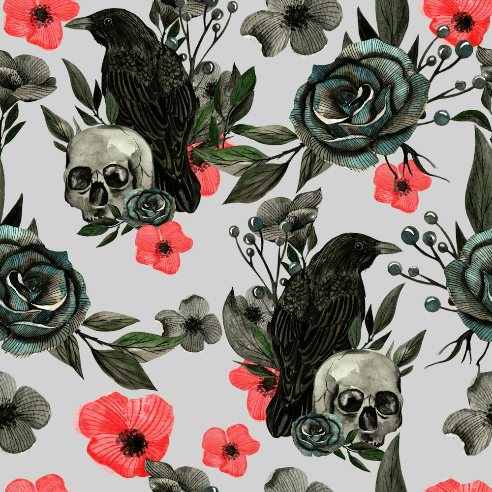 Crows And Flowers hand drawn illustrated pattern