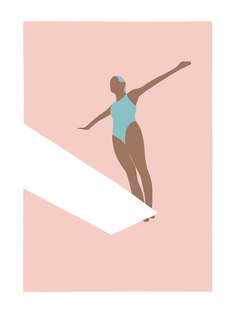 Woman on diving board in pink