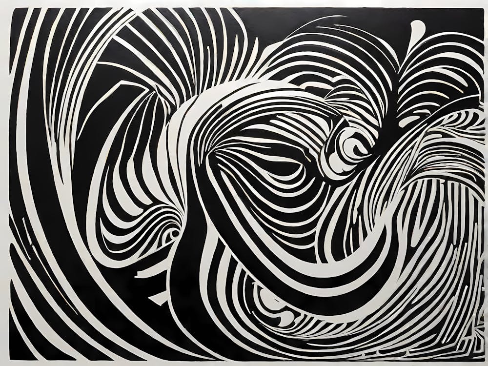 Ein Linolschnitt, der geheimnisvolle abstrakte Formen darstellt, eklektische Kunst, 194