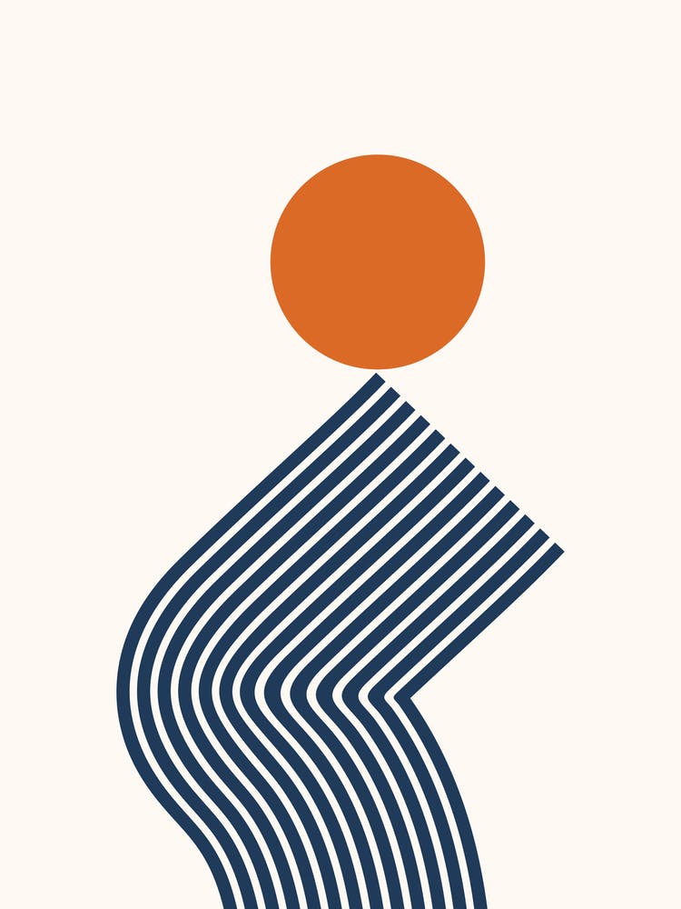 Modern Geometric Lines Sun Rainbow Balance Abstract in Navy Blue and Orange