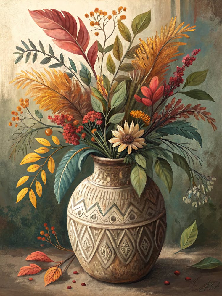 Oil Painting Style Modern Boho Vase With Wild