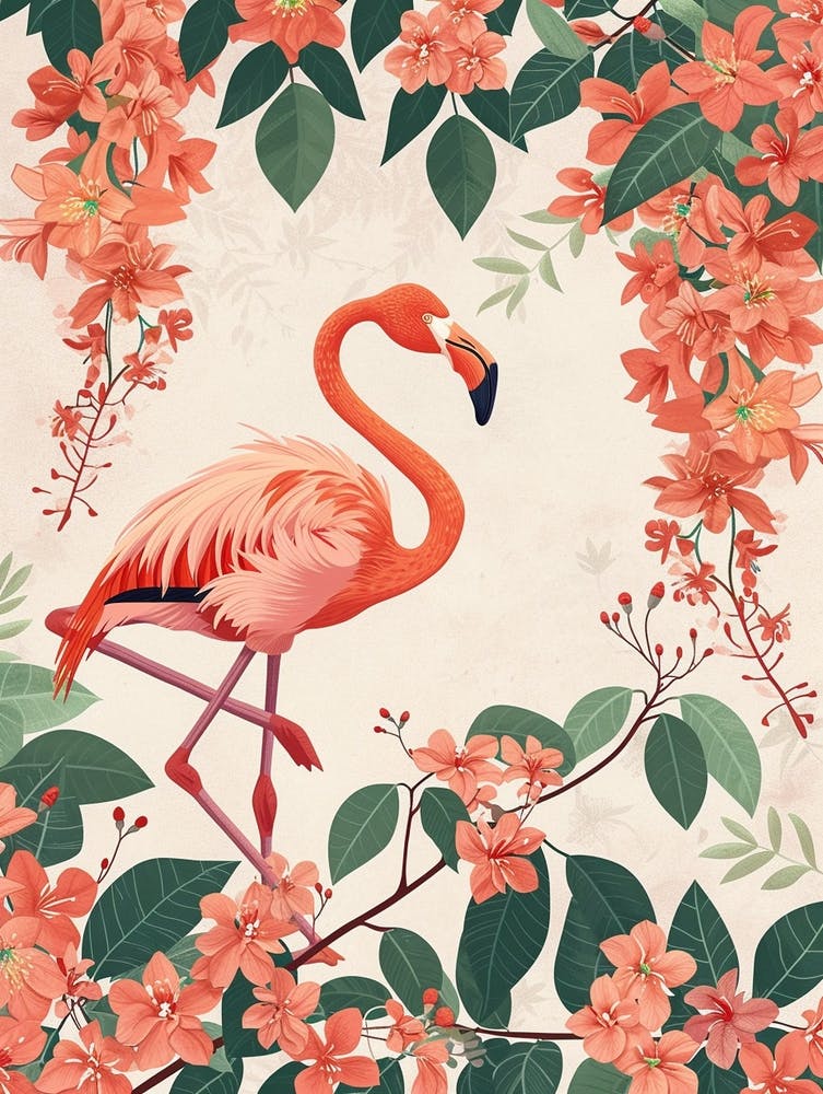 Andean Flamingo And Bougainvillea Minimalist Illustration 3