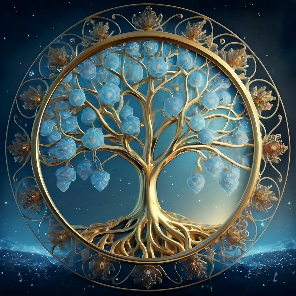 Blooming Skybluebluegold Tree Of Life In Silve