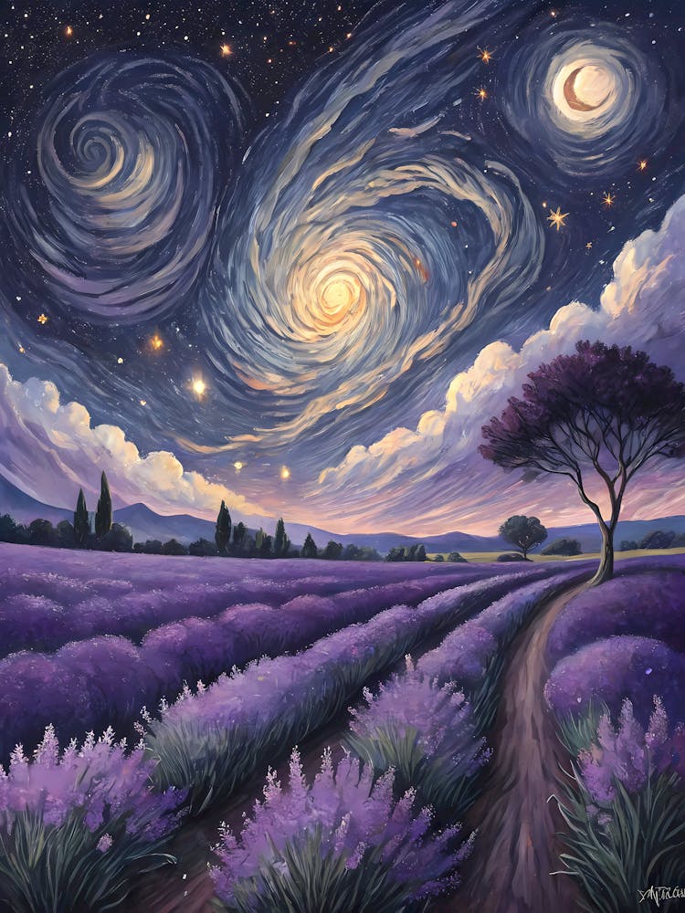 A Field of Lavender Under a Swirling Sky Oil Painting Style
