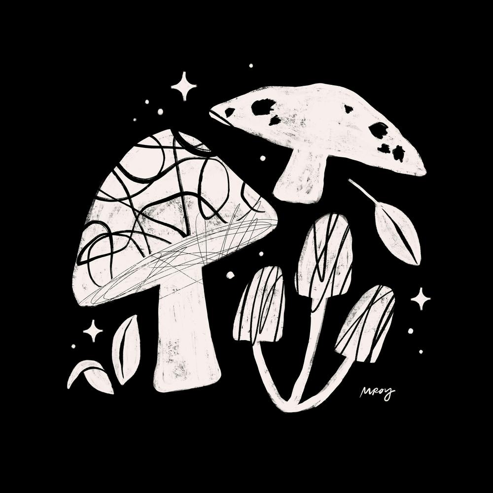 Abstract Mushrooms Black Square