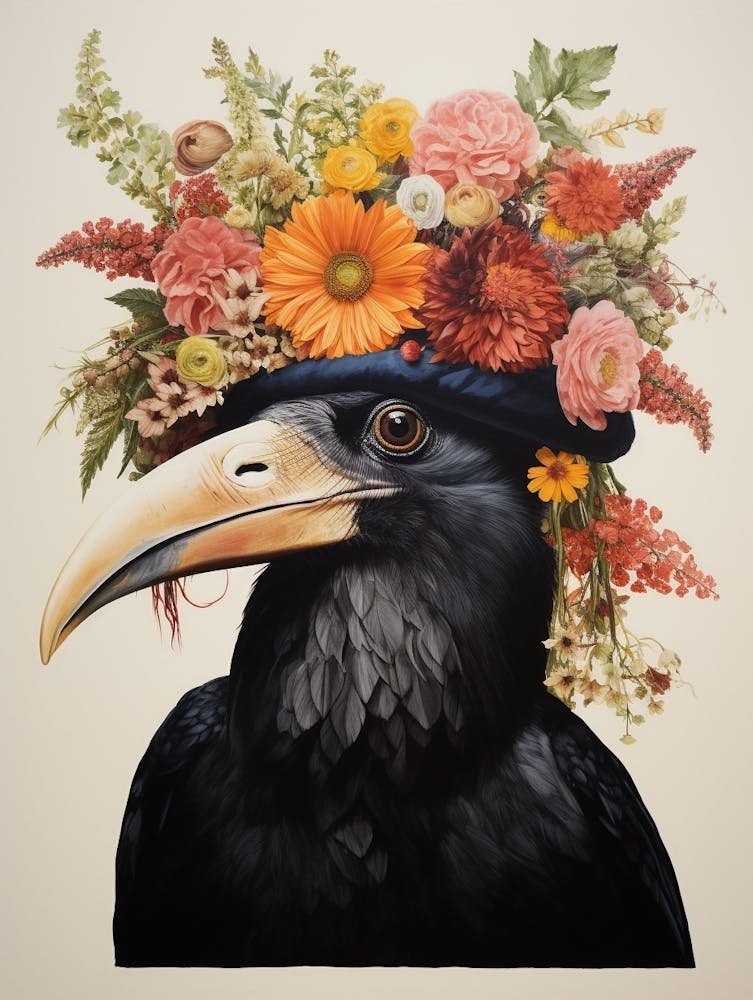 Vogel mit Blumenkrone Rabe 2