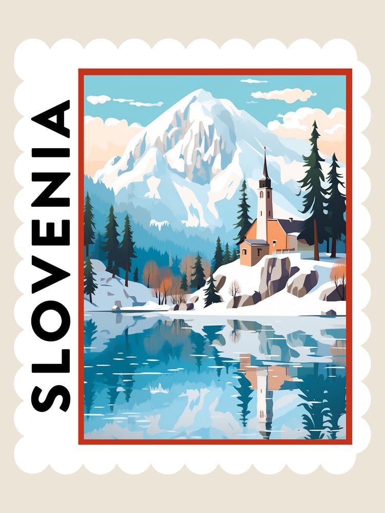 Retro Winter Stamp Poster Lake Bled Slovenia 2