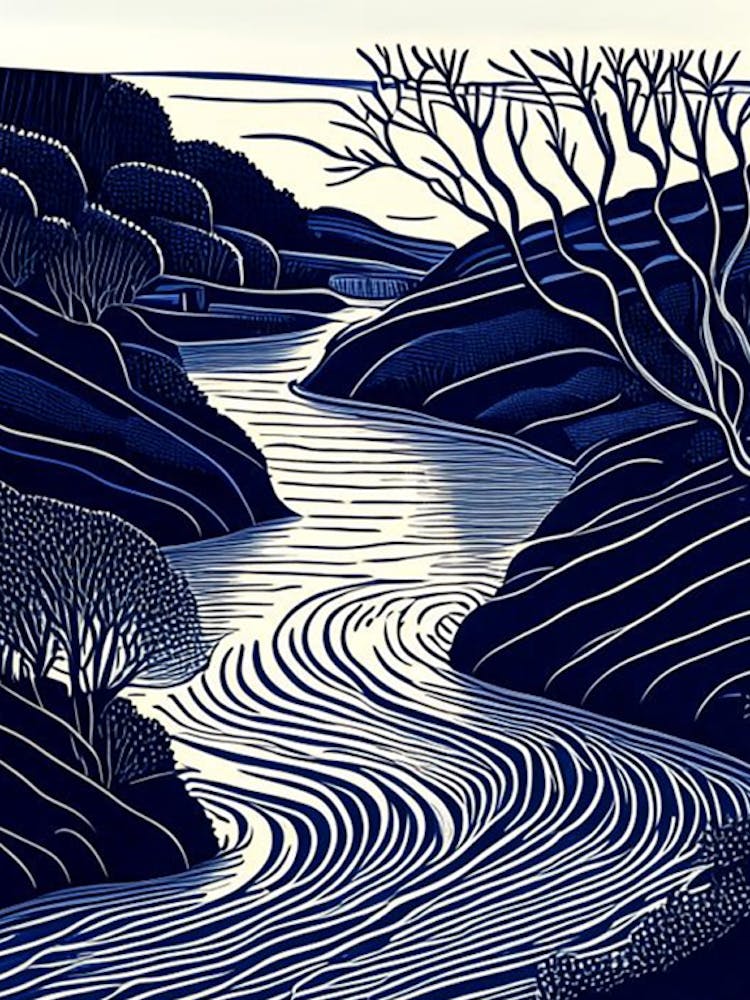 River Current Landscapes Waterscape Linocut 2