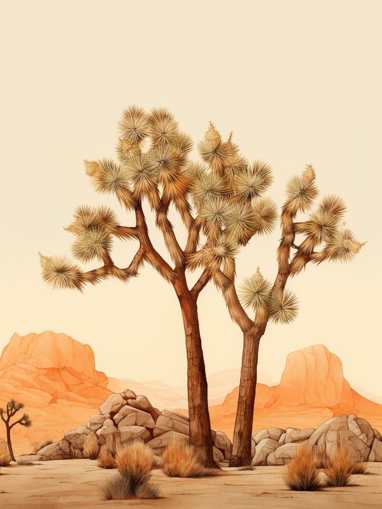Minimalist Joshua Trees At Dusk In Desert Line Art 1