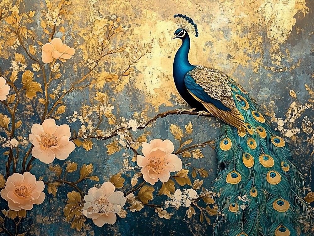 Exquisite Vintage Artistic Background With Abstract Illustrations, Floral Elements, Peacocks And Gold Accents