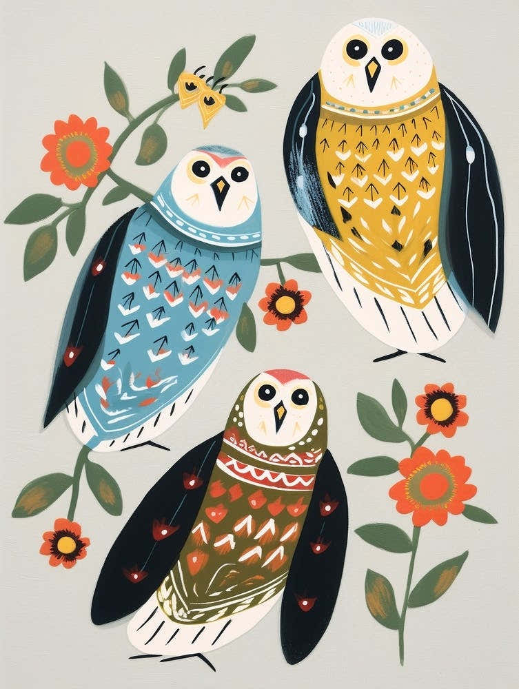 Folk Style Bird Painting Snowy Owl 1
