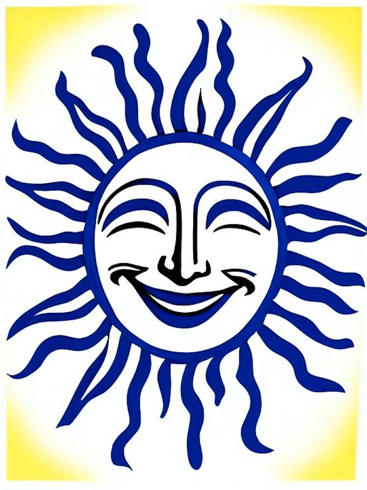 Smiling Sun Symbol Blue And White Line Drawing