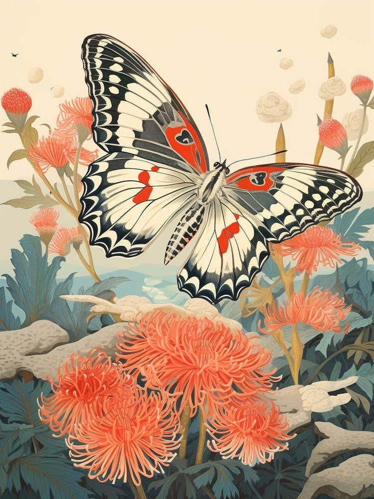 Schmetterling mit schönen rosa Blumen – Japanische Malerei 1
