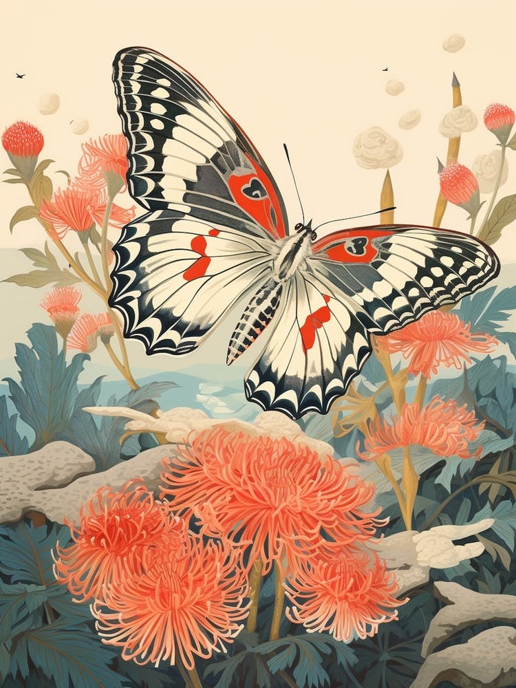 Butterfly With Beautiful Pink Flowers Japanese Style Painting 1
